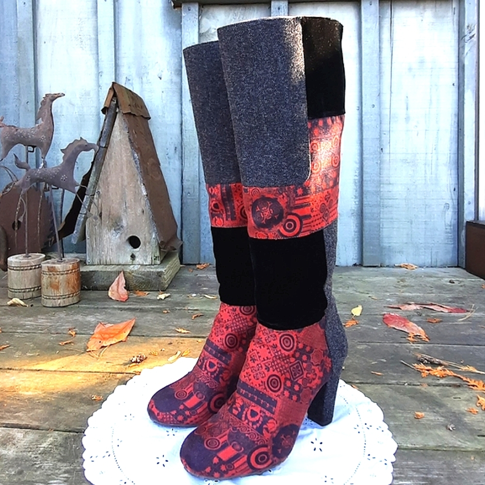 DESIGUAL "Shannon" Heel Boots, Tattoo Patchwork Red Grey Black Purple, Zip